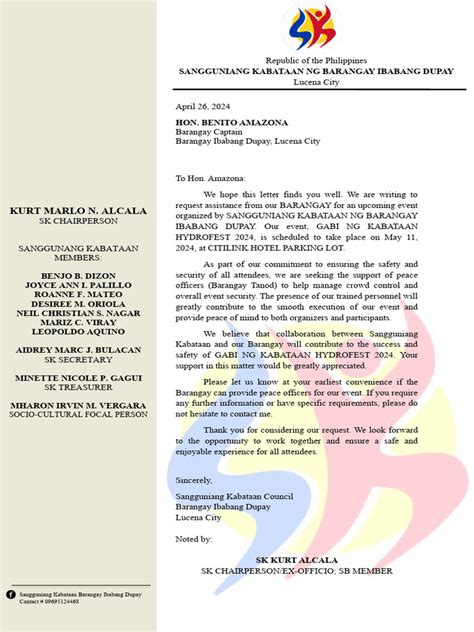 request letter sample for barangay|Request Letter For The Baranggay Tanod .